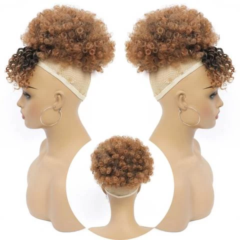 G&T Wig Afro Puff Drawstring Ponytail Bun with Bangs Synthetic Short Kinky Curly Ponytail Updo Hair Extensions