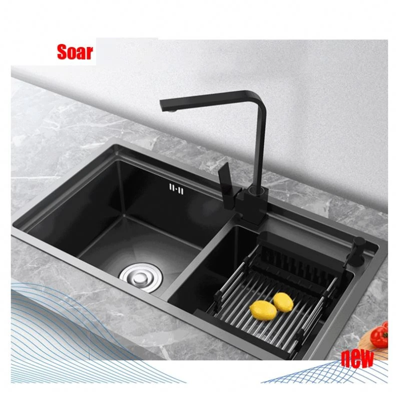 Hand Made Stainless Steel Double Bowl Kitchen Sink Black Nano