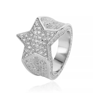 Hip Hop Five Star Ring Men Gold Silver Iced Cubic Zirconia Brass Jewelry Ring