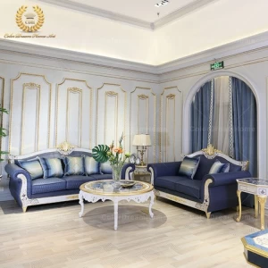 Italian classical living room set French luxury blue leather sectional sofa and coffee table