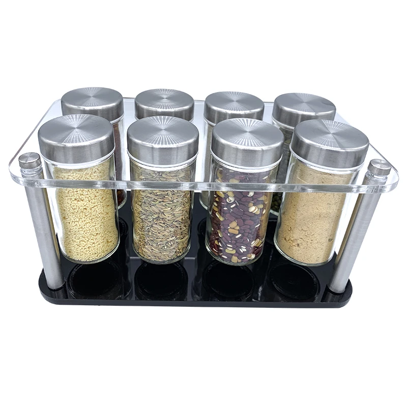kichen tools Stainless steel bottle cap Glass spice jar set Acrylic spice bottle storage rack 8 pepper shakers