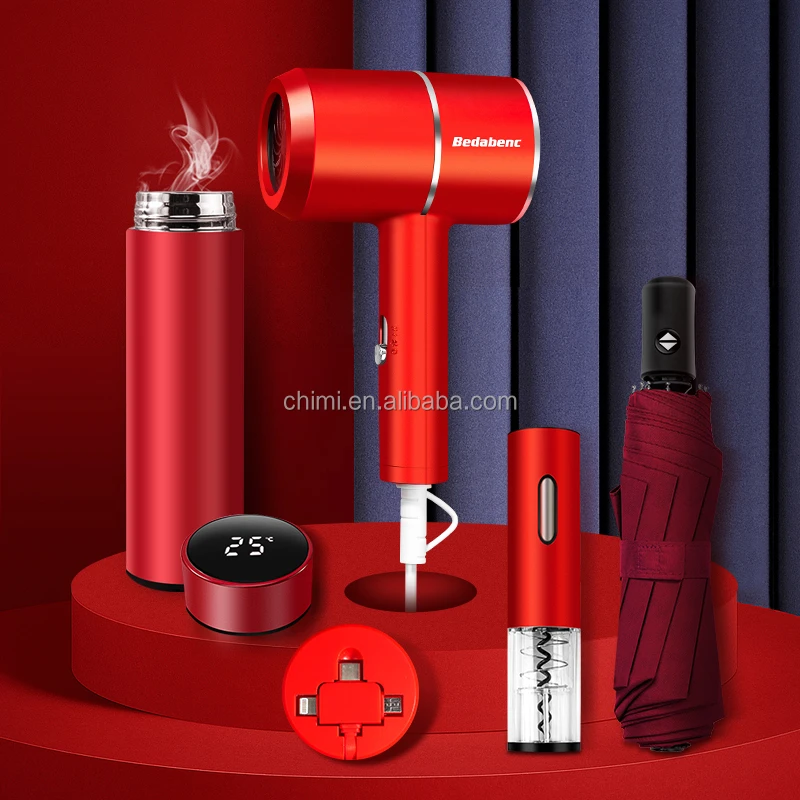 latest excellent gift set mothers day gift ideas hair dryer+electric wine bottle opener+USB cable+umbrella+vacuum flask set