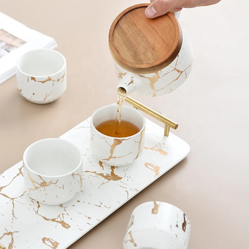Light Luxury Gold Painted Marble Pattern Coffee Tea Tool Set Gift Box Packaging With Ceramic Tray