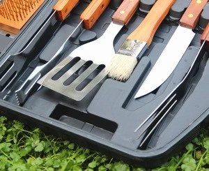 long handle BBQ Grill Tools with Carrying Case - 18 Piece Set Stainless Steel Tools with Wooden Handles