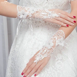 LZP104 Lace Up Crystal Flower Bridal Lace Gloves