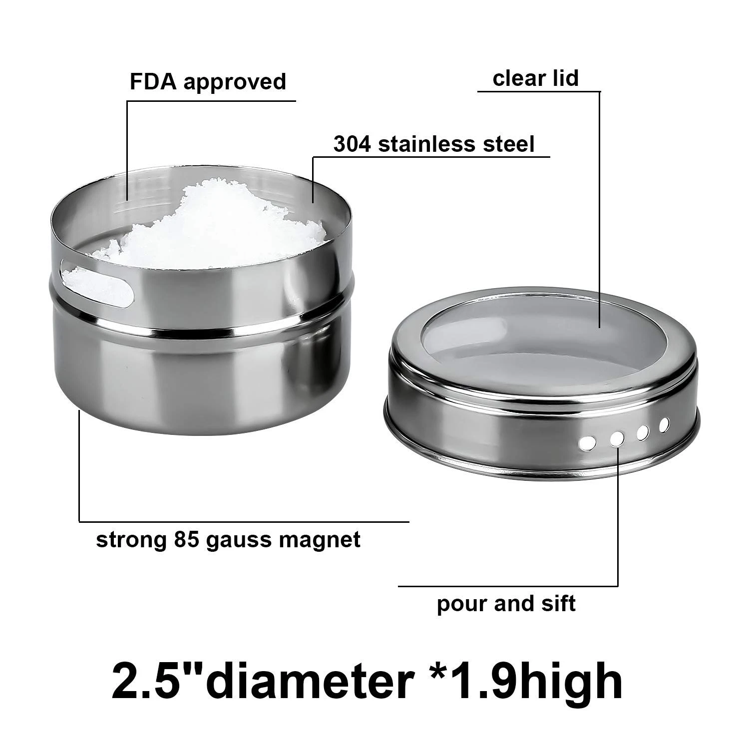 Magnetic Spice Tins, Stainless Steel Storage Spice Containers,Clear Top Lid with Sift or Pour