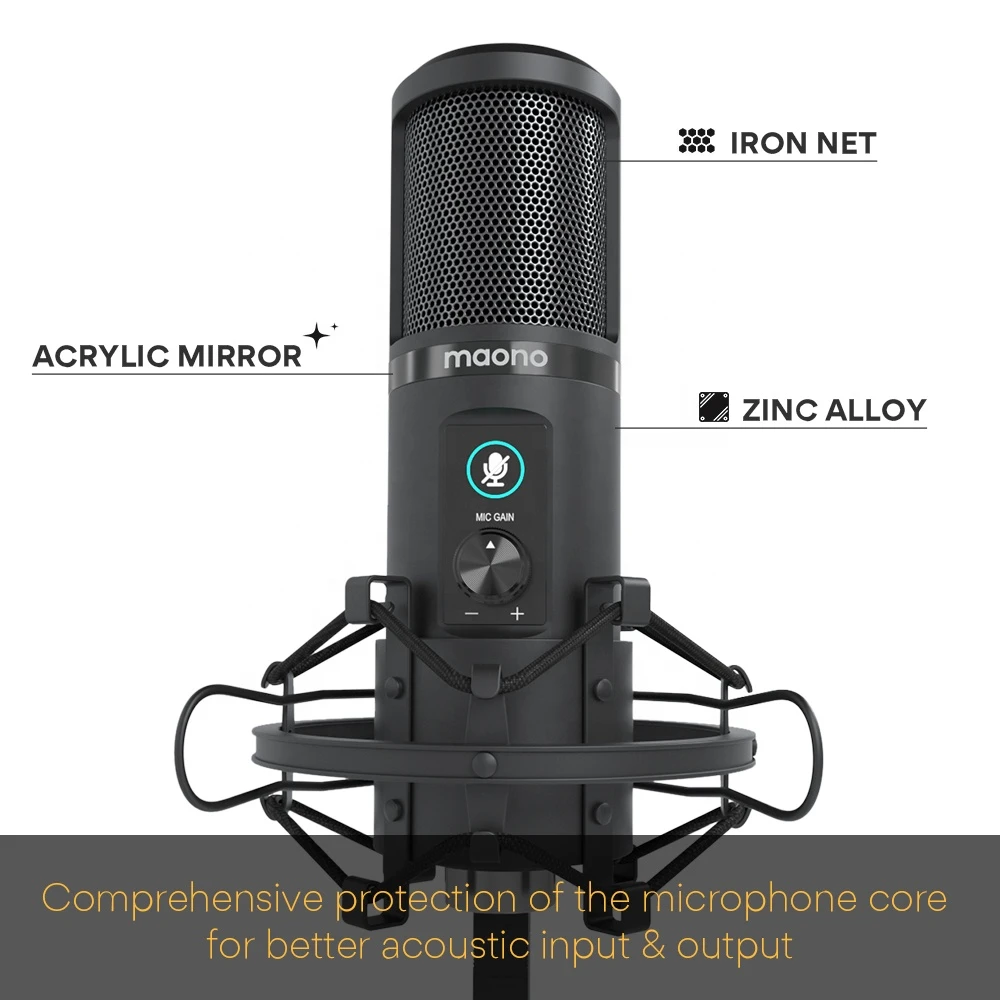 MAONO USB Microphone 192KHZ/24BIT Professional Condenser Podcast Mic with One-Touch Mute and Mic Gain Knob