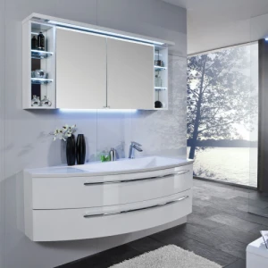 Modern curved high gloss lacquer PVC coated Melamine bathroom cupboard mirror cabinet