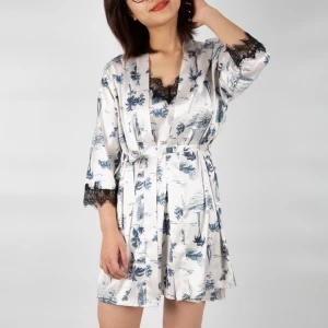 New Listing Comfortable Silk satin V-neck Lace Women Satin Silk Pajamas Set