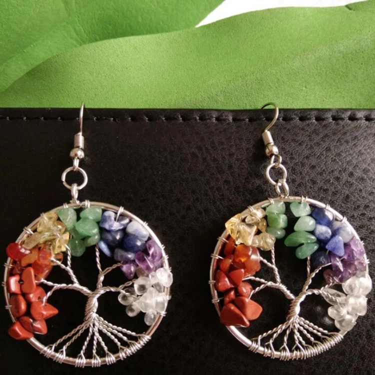 NUORO Irregular Natural Crystal Chakra Chipped Stones Women Jewelry Colorful Big Tumbled Stone Tree of Life Dangle Drop Earrings