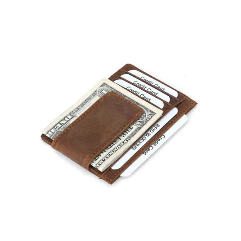 Original crazy horse leather unisex small wallets rfid blocker magnet card holder wallet credit card machine holder