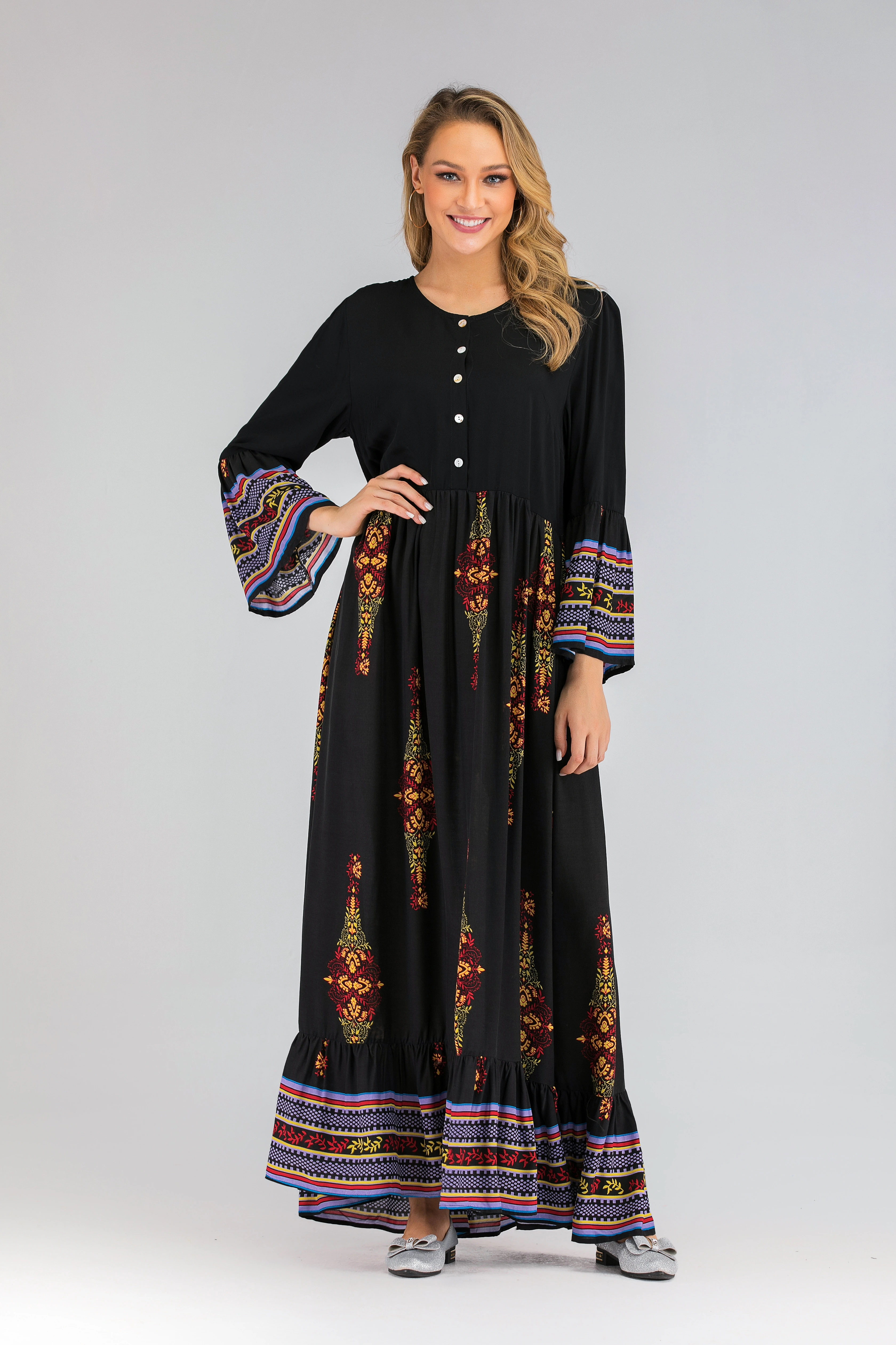 PE6231 Islamic Arabic Women Casual Plus Size Clothing Long Sleeve Cotton Maxi Dresses Abaya Long Muslim Dress
