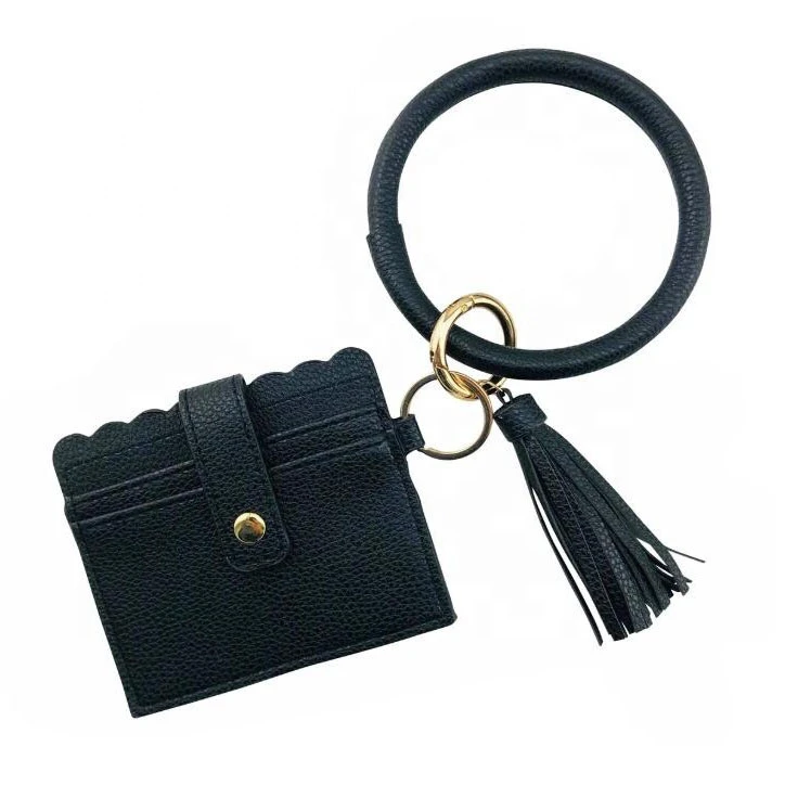 personalized wallet ID holder bangle tassel keychain pu leather credit card keychains