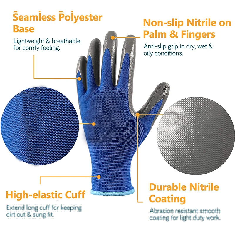 Polyester Work Gloves With Nitrile Coating Abrasion Resistant Safety Glove