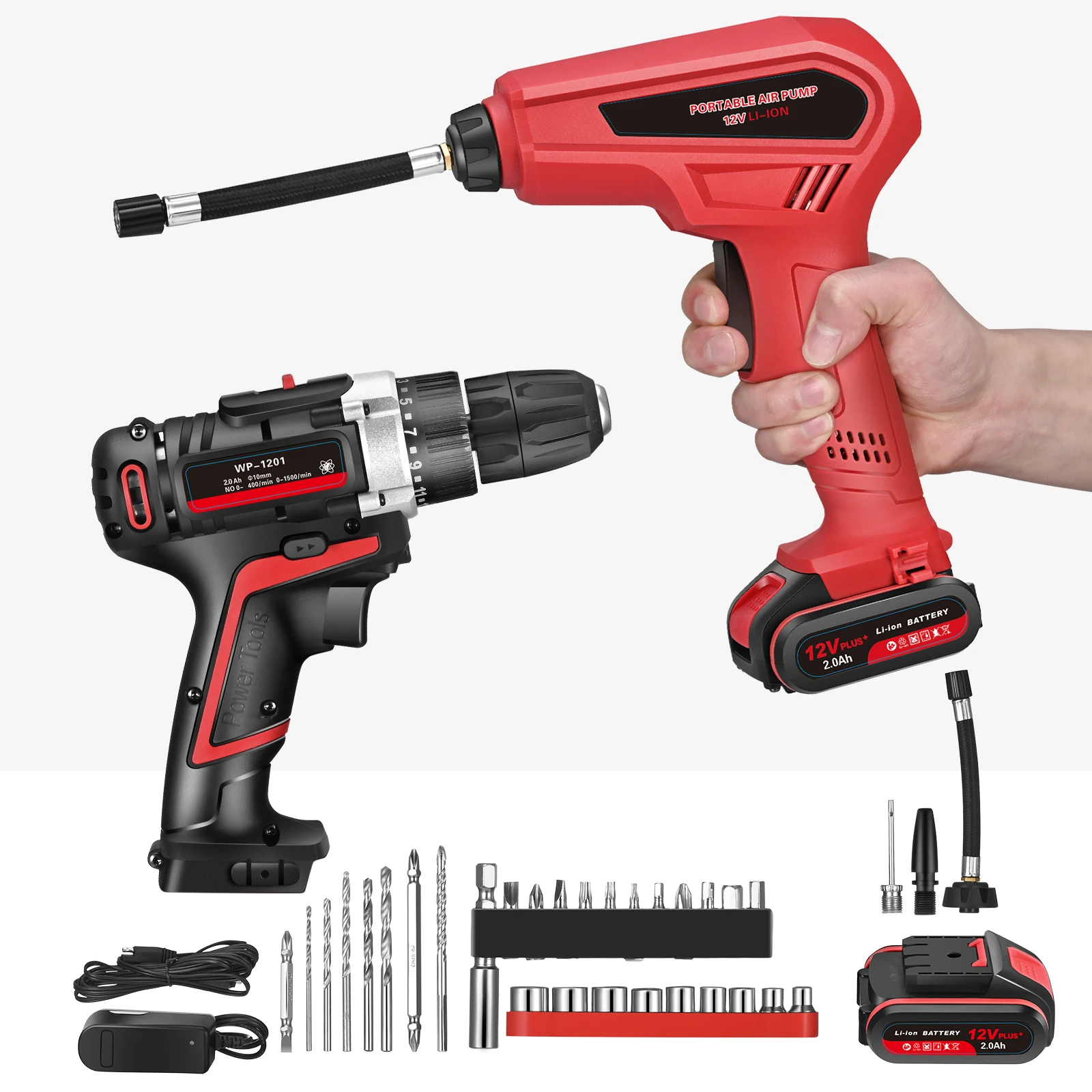 Power Tools 21V Power Rechargeable Electric Cordless Drill  with Tire Inflator pump