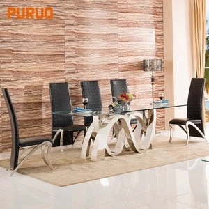 PURUO dining room furniture sets stainless steel legs square tempering glass dining table