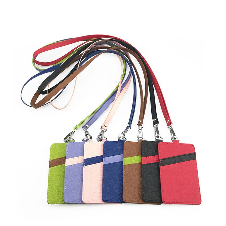 Ready Stock Assorted Colors Leather Staff Name Id Card Holder With Pu Neck Strap Lanyards