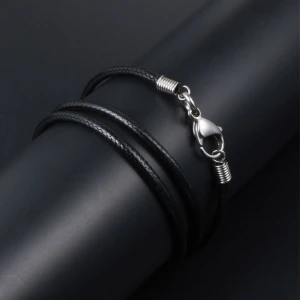 Ready to Ship Simple Black Rope Braided Leather Necklace Chain with Steel Clasp