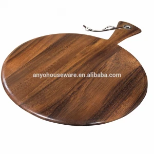 Round shaped acacia wood pizza peel serving cheese cutting board with handle
