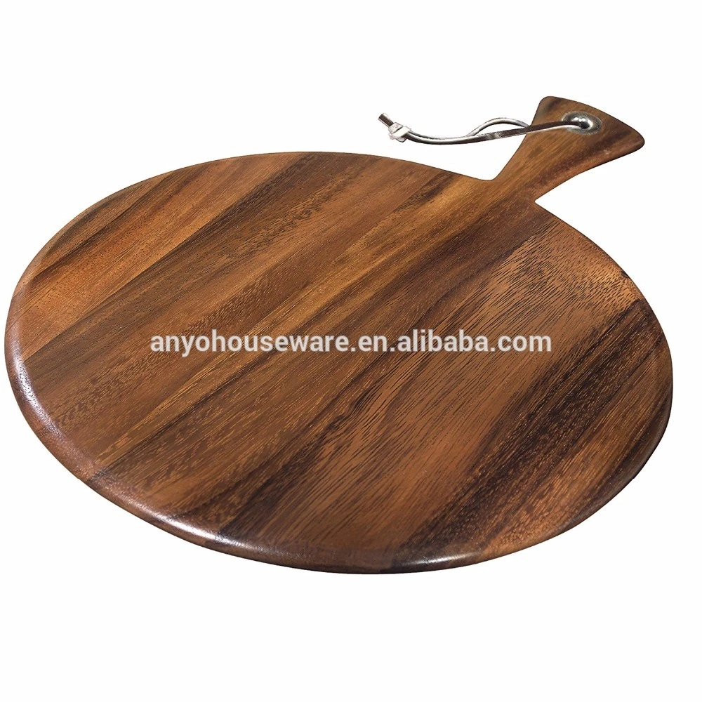 Round shaped acacia wood pizza peel serving cheese cutting board with handle