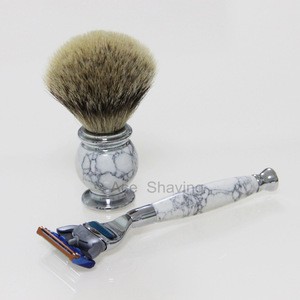 Silvertip Badger Hair Brush Stone Handle Razor Metal Stand Shaving Set Kits Soap Mug