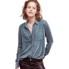 Solid Blue Women Blouse Single Breasted Tops Pocket Casual Slim Sexy Velvet Shirts Collar Long Sleeve Turn-down Clothing Woman