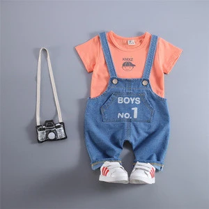 SS-806B Summer Latest Fashion Style Child Clothes Solid T Shirt+Strap Jeans Boys Clothing Sets