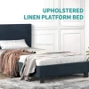 Upholstered Linen Platform Bed Frame With Fabric Headboard And Strong Wood Slats Support