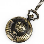 Vintage USSR Soviet Badges Sickle Hammer Pocket Watch Necklace Bronze Pendant Chain Clock CCCP Russia Emblem Communism