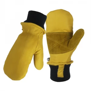 Water Resistant Cow Full Grain Leather Shell Mitt Spray-bonded Removable Liner Cotton Inside Water Proof Gloves