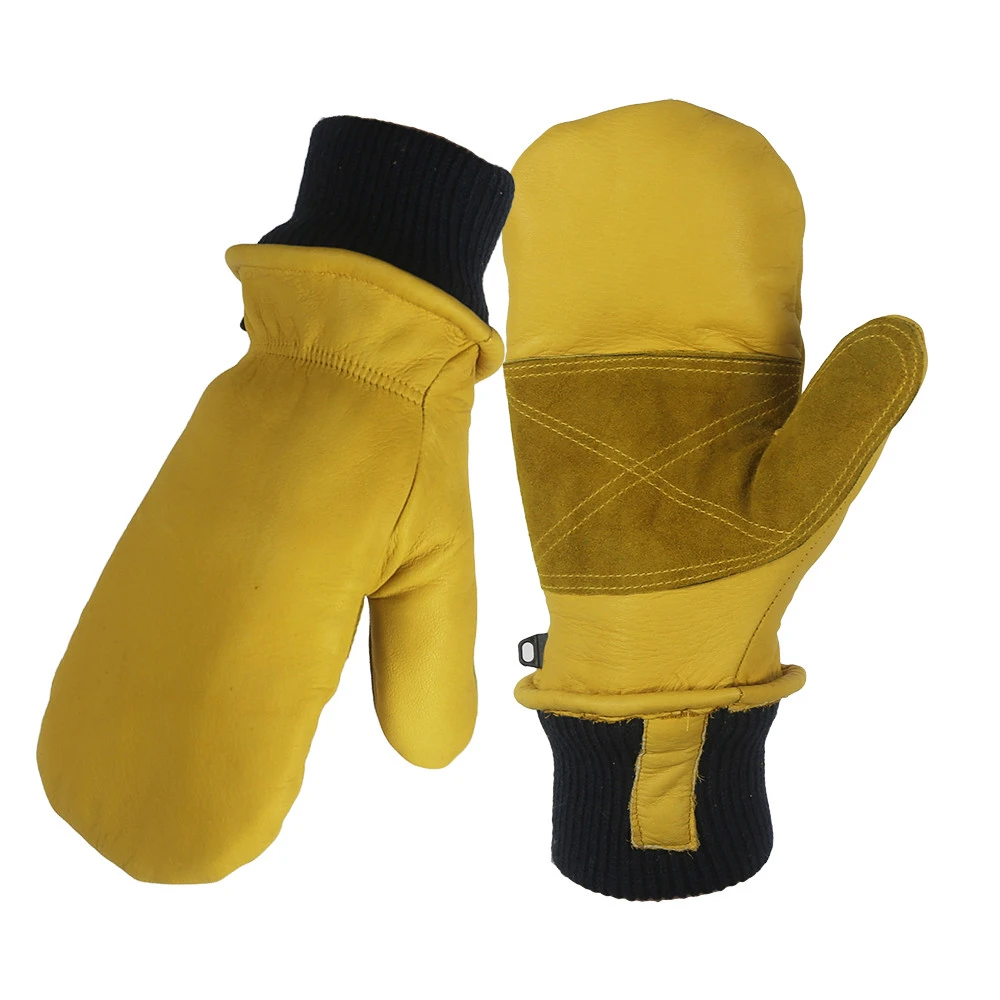 Water Resistant Cow Full Grain Leather Shell Mitt Spray-bonded Removable Liner Cotton Inside Water Proof Gloves