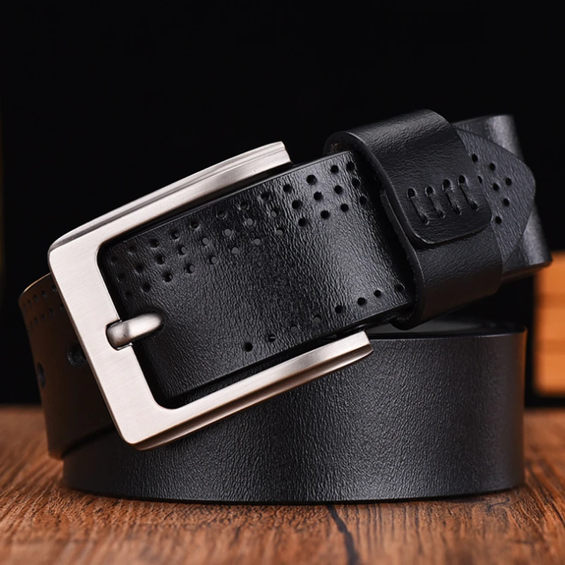 Wholesale black coffee camel color split genuine leather belts men hollow out belt metal pin belts buckle