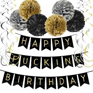 Wholesale Black Happy FING Birthday Banner with Pom Poms Streamers for Party Decorations Supplies