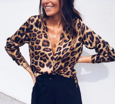 wholesale casual sexy leopard print blouse V neck long sleeve button top shirt women