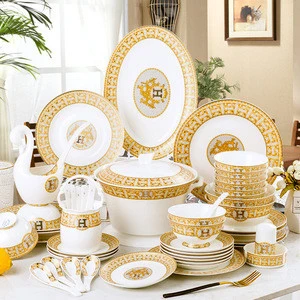 Wholesale Custom made Logo Design Fine Bone Dinner Set Porcelain Gold Plated Dinnerware Set