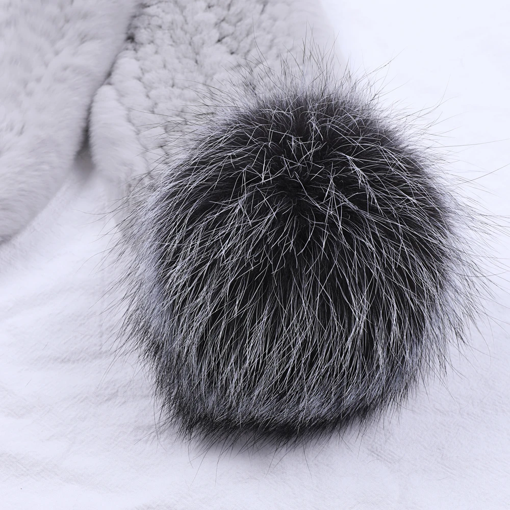 Wholesale Womens Hight Quality Genuine Rex Rabbit Fur Scarf Scarves Silver Fox Fur Pom Pom Wraps Girls Winter Neck Warmer