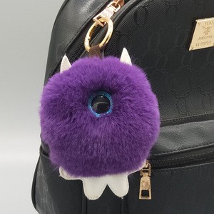 Wholesales handmade single eyes plush faux rabbit hair fur purple keychain