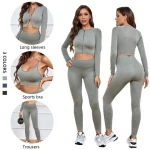 Womens Double Zipper Long-Sleeved Yoga Suit Adjustable Cross-Over Bra High-Waist Hip-Raising Trousers Three-Piece sports Set