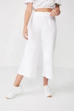 Womens High Waisted Wide Leg 3 / 4 Cropped Loose White Linen Blend Trousers