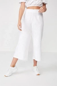 Womens High Waisted Wide Leg 3 / 4 Cropped Loose White Linen Blend Trousers