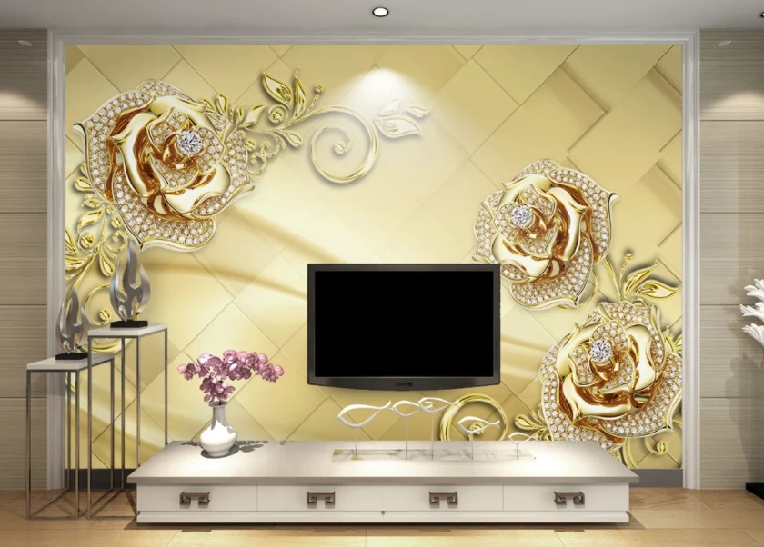 ZHIHAI 3D three-dimensional luxury golden flower jewelry TV background wall wallpaper decoration