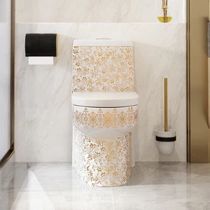 ZP206 White &amp; Gold S-trap Wash Down Sanitary Ware Luxury Bowl One Piece Toilet