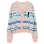 Embroidered Logo Wavy Stripes Hollow Knitting Cardigan Spring Autumn Knitwear Women's Sweater