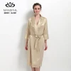 100% Silk New Arrival Noble Champagne Silk Vintage V neck Lapel Three Quarter Bathrobe with Front Ruffles