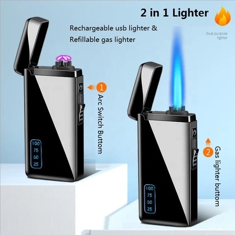 2 in 1 Butane Gas Electricity Cigarette Torch Lighter Double Arc Electric Lighter USB Rechargeable Lighters Custom Logo