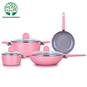 2017 Fashion and New Design Cherry Blossom Pink Non Stick Aluminum Ceramic Cookware Set