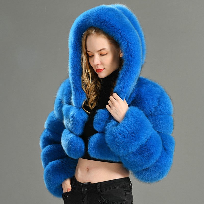 2020 New Fashion Black Ladies Genuine Natural Real Fox Fur Coat Hooded Winter Short Luxury Women Fur Coat Jacket