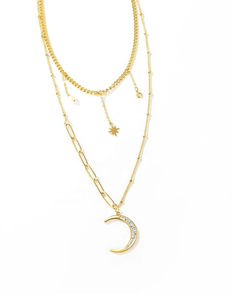 2020 Wholesale Stainless Steel 18k Gold Necklace Double Layered Link Chain Rhinestone Moon Pearl Multi Charms Jewelry Women Gift
