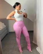 2021 trendy design high flexibility ladies  skinny flare split pu leather pants leather pants