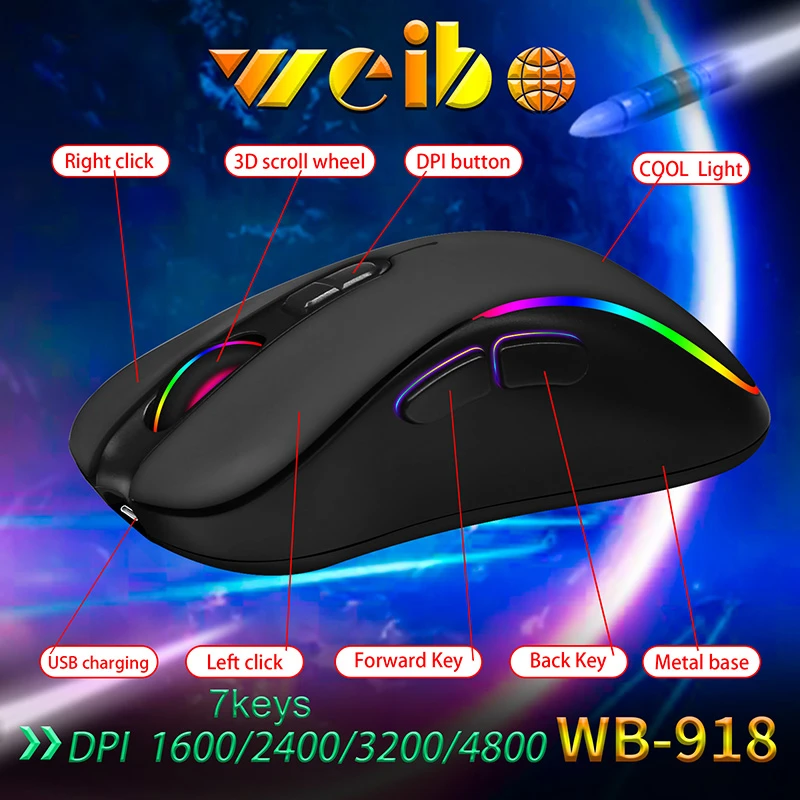 2021 weibo WB918 Luminous Wireless Mouse USB Receiver Portable Mobile 3200DPI Silent Optical Rechargeable Wireless Mouse